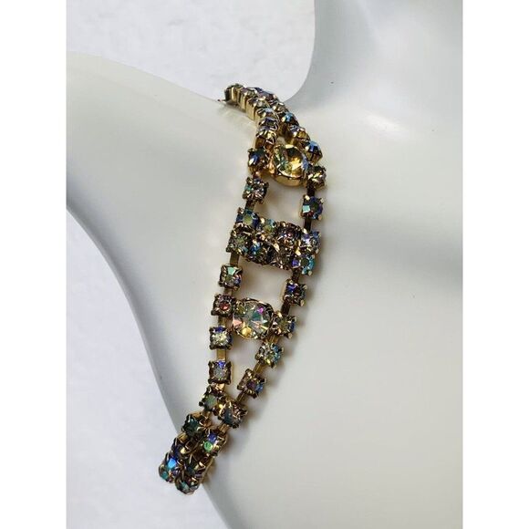 Vintage Aurora Borealis Shimmering Rhinestone Gold Tone Tennis Bracelet 8” - Picture 9 of 10